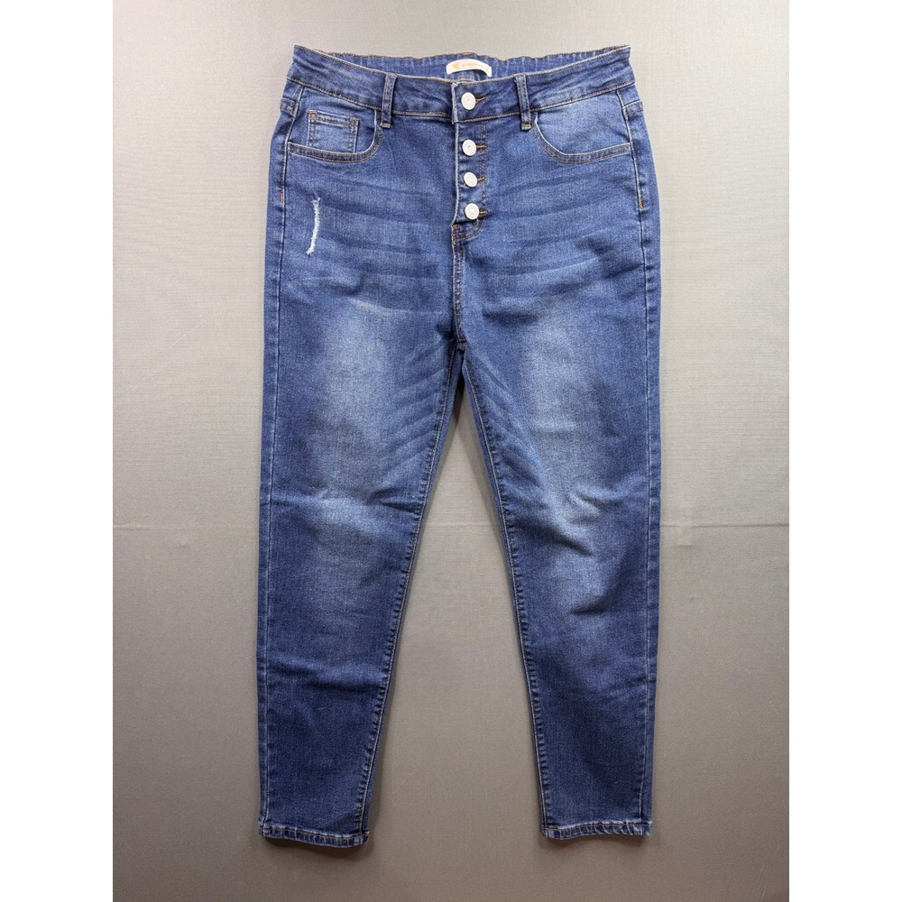 KIRUNDO Skinny Jeans Women‎ Blue Button Fly High Rise Distressed Size L
